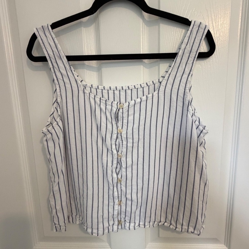 TIME AND TRU White Stripe Linen Blend Tank Top Button Front Square Neck XL